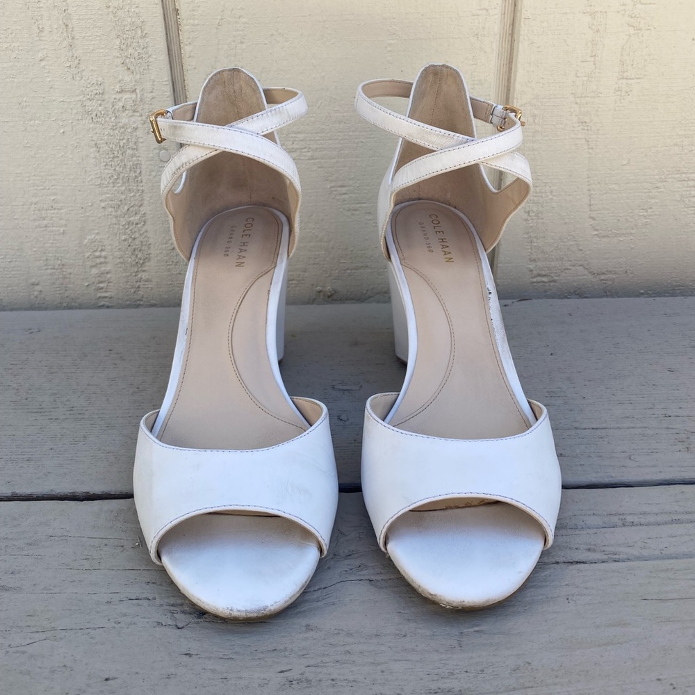 White leather wedge ankle strap shoes